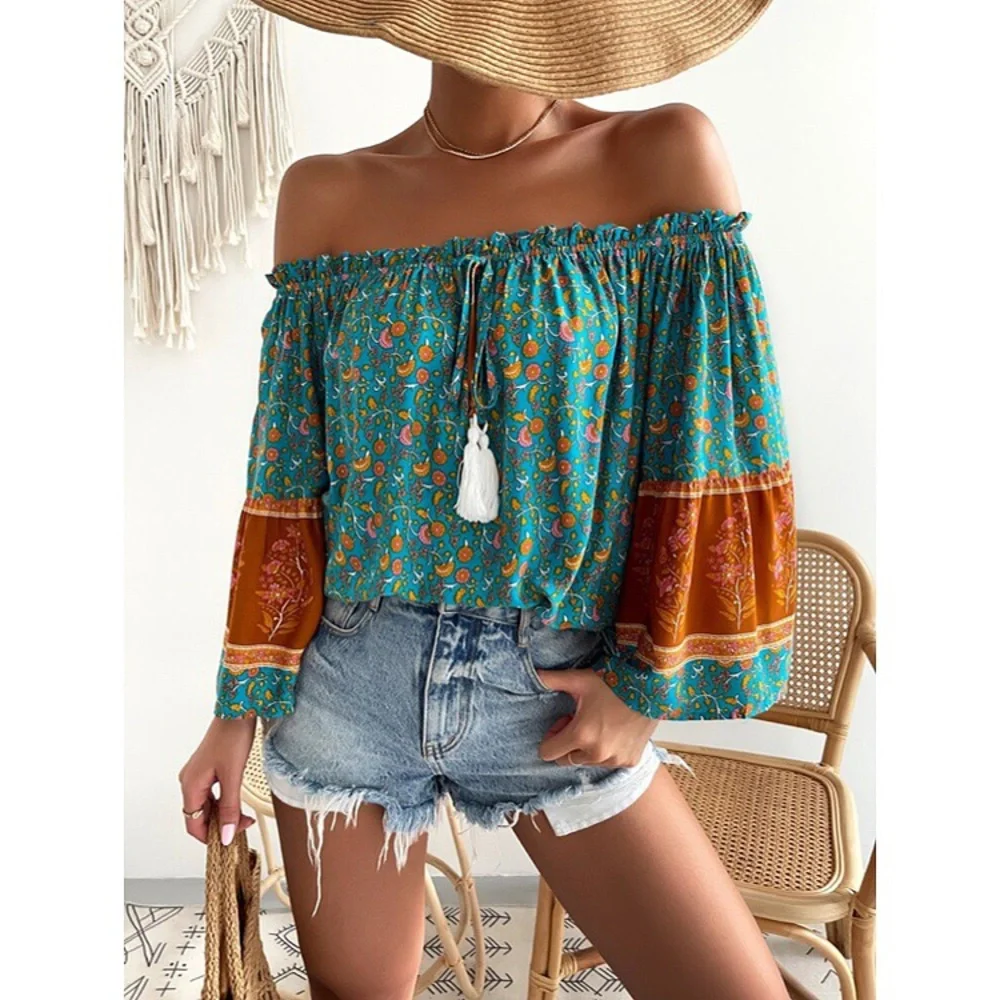 🍂 BOHO BLUE ORANGE FLORAL OFF SHOULDER LOOSE FIT TASSEL DETAIL TOP! - Picture 5 of 7